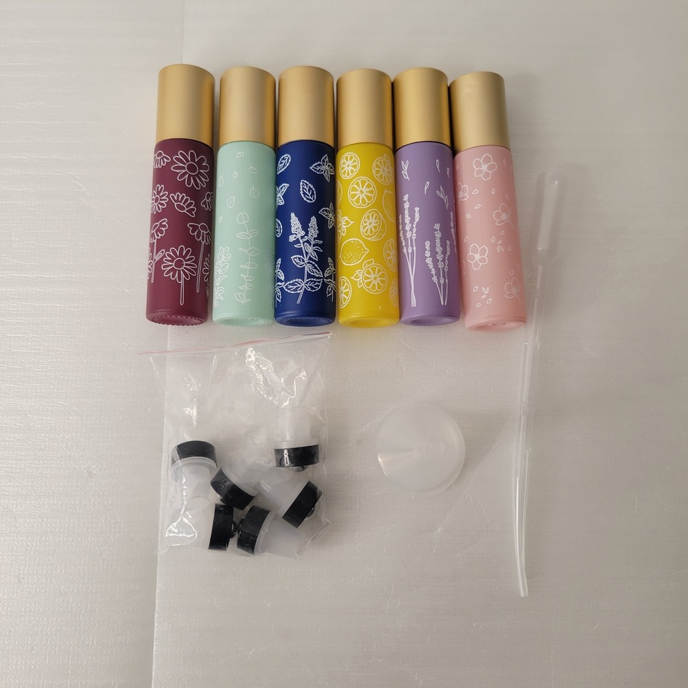 6 Pc Refillable Perfume Essential Oil Roller Bottle Set Floral Gold Caps+Funnel